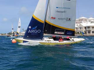 Pauline Courtois (at helm) of France is racing the Argo Group Gold Cup for the first time as the Women's World No. 1-ranked match race skipper (©Argo Group Gold Cup photo).